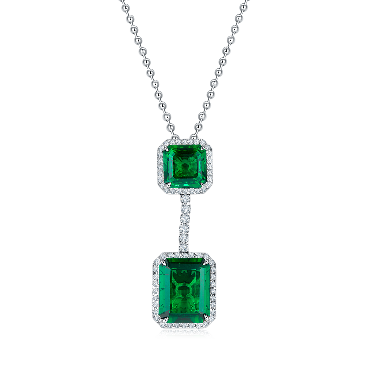 Emerald-Cut Lab-Created Emerald Double Halo Drop Pendant Necklace