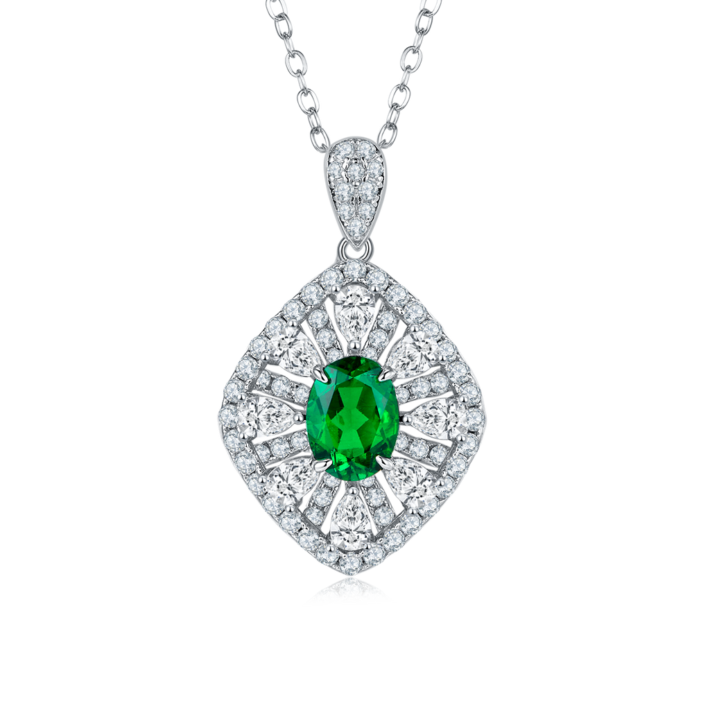 Oval-Cut Lab Gemstone Art Deco Fan Halo Necklace in 925 Sterling Silver