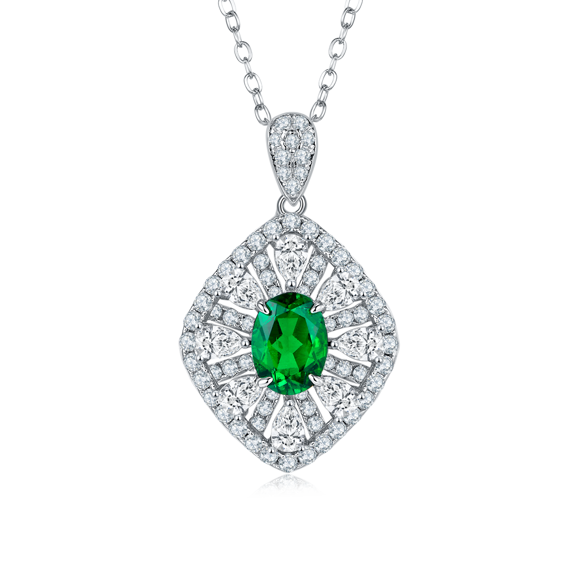 Oval-Cut Lab Gemstone Art Deco Fan Halo Necklace in 925 Sterling Silver