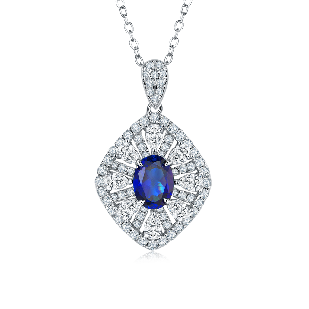 Oval-Cut Lab Gemstone Art Deco Fan Halo Necklace in 925 Sterling Silver