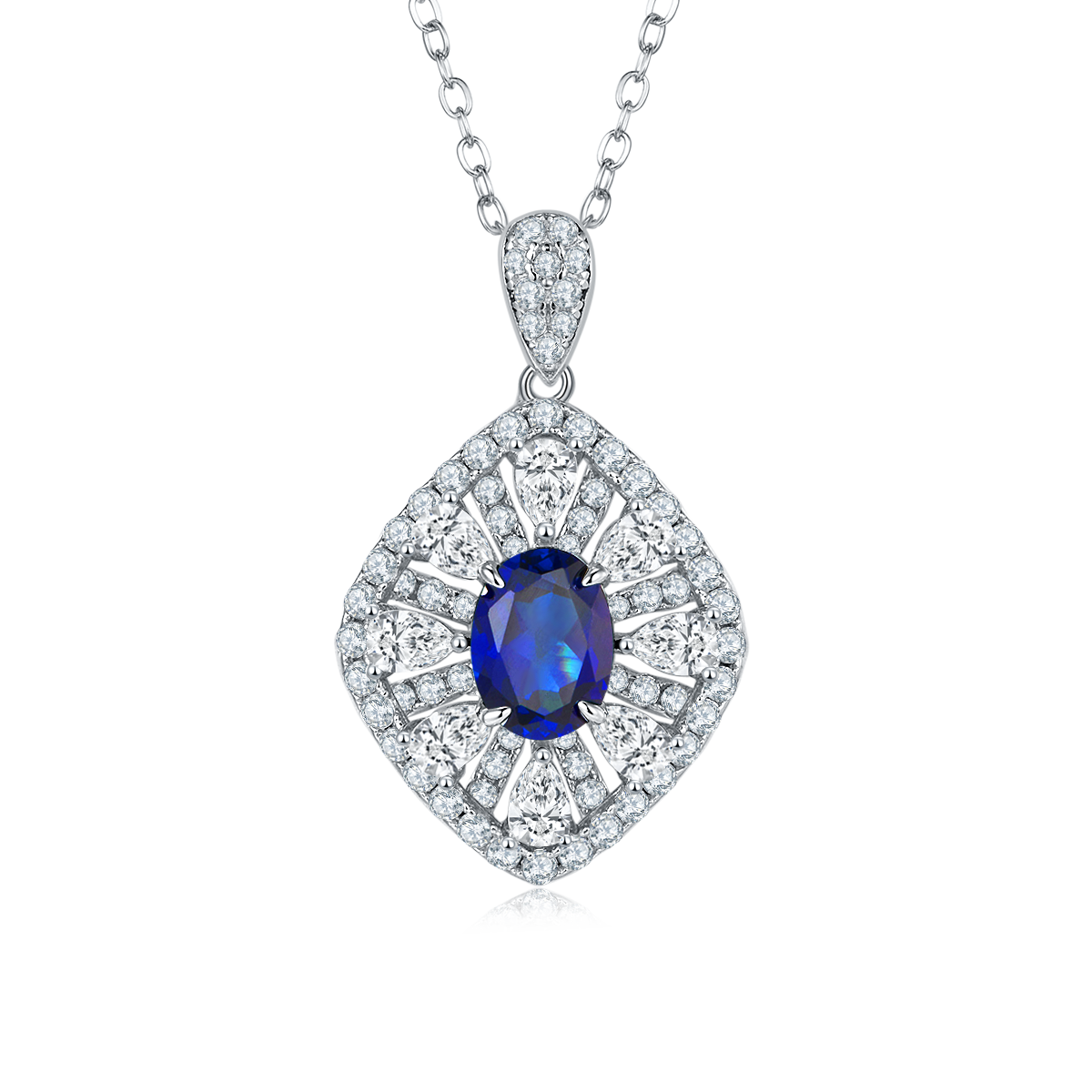 Oval-Cut Lab Gemstone Art Deco Fan Halo Necklace in 925 Sterling Silver