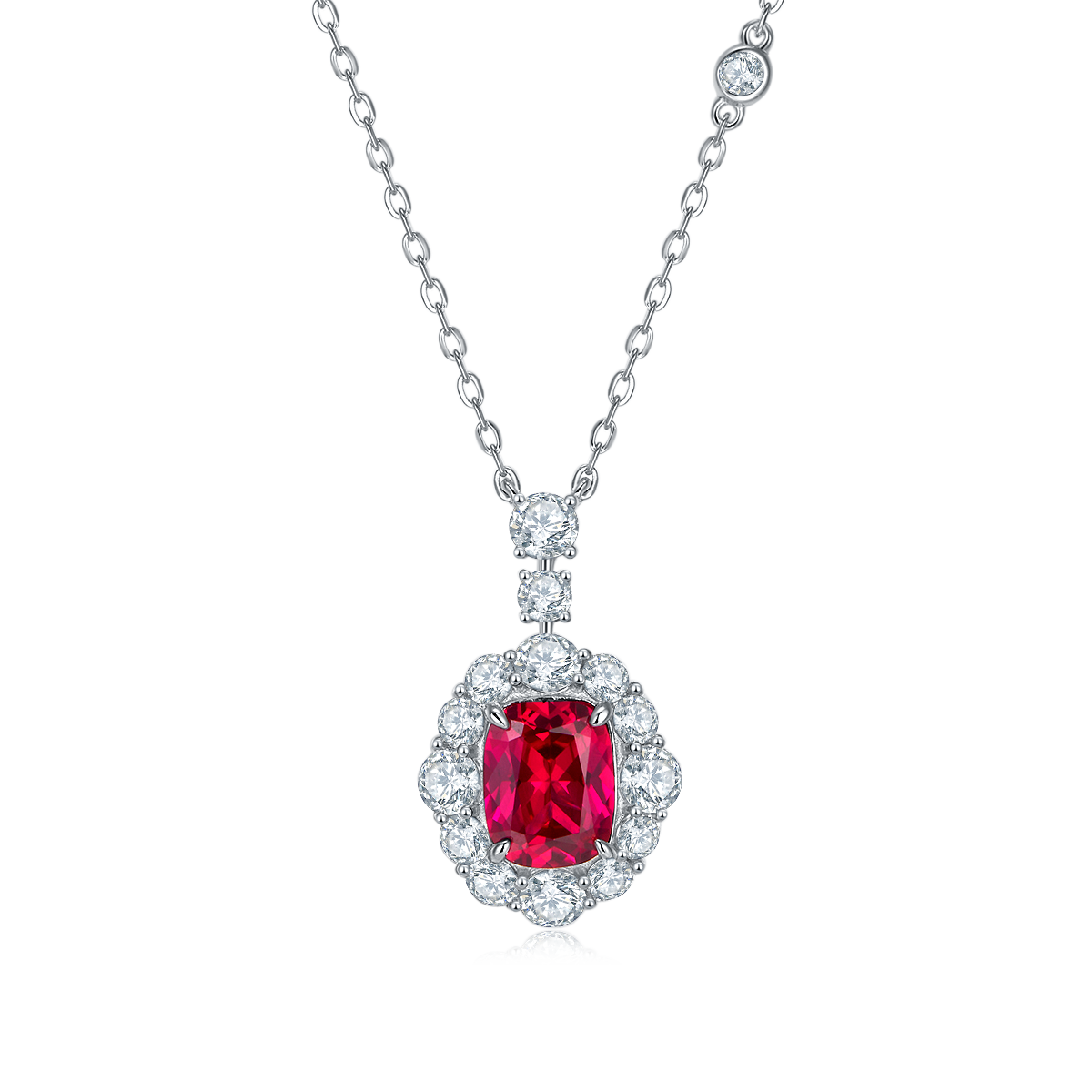 Rectangular-Cut Lab Ruby Halo Pendant Necklace in 925 Sterling Silver