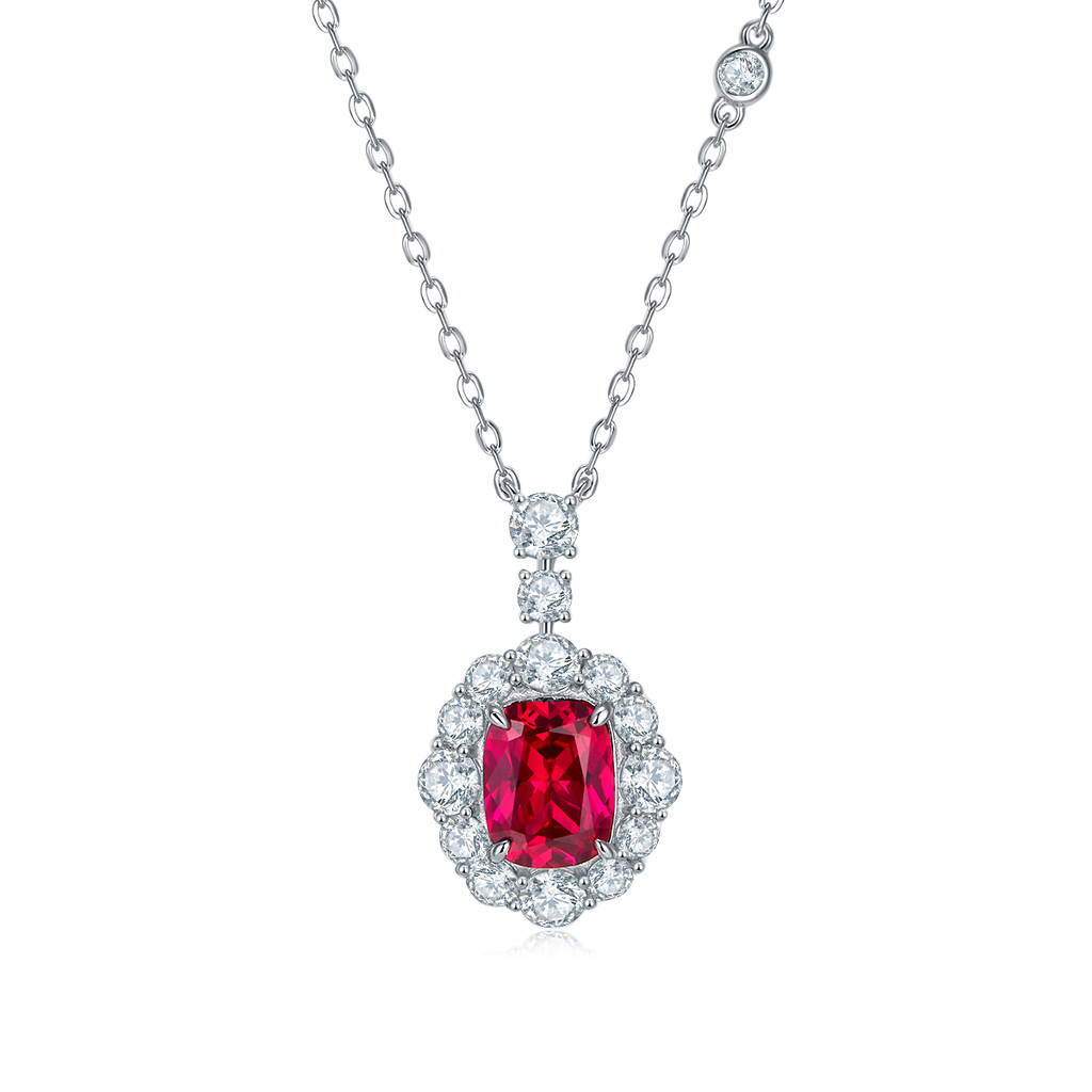 Rectangular-Cut Lab Ruby Halo Pendant Necklace in 925 Sterling Silver