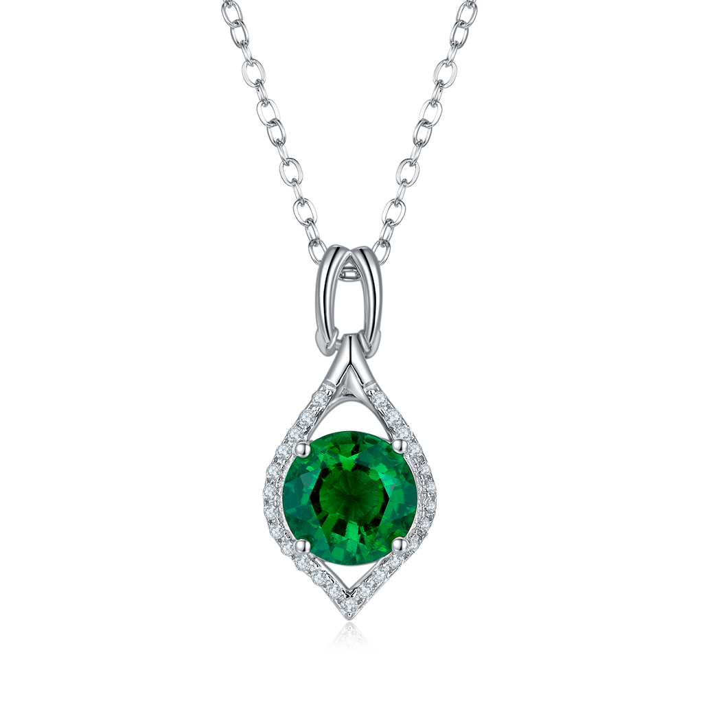 Round-Cut Lab Emerald Open Halo Pendant Necklace in 925 Sterling Silver