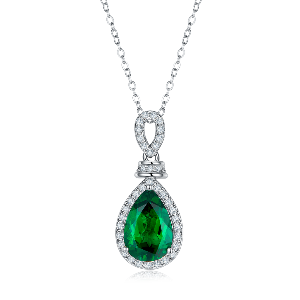 Pear-Cut Lab-Created Emerald Halo Pendant Necklace in 925 Sterling Silver