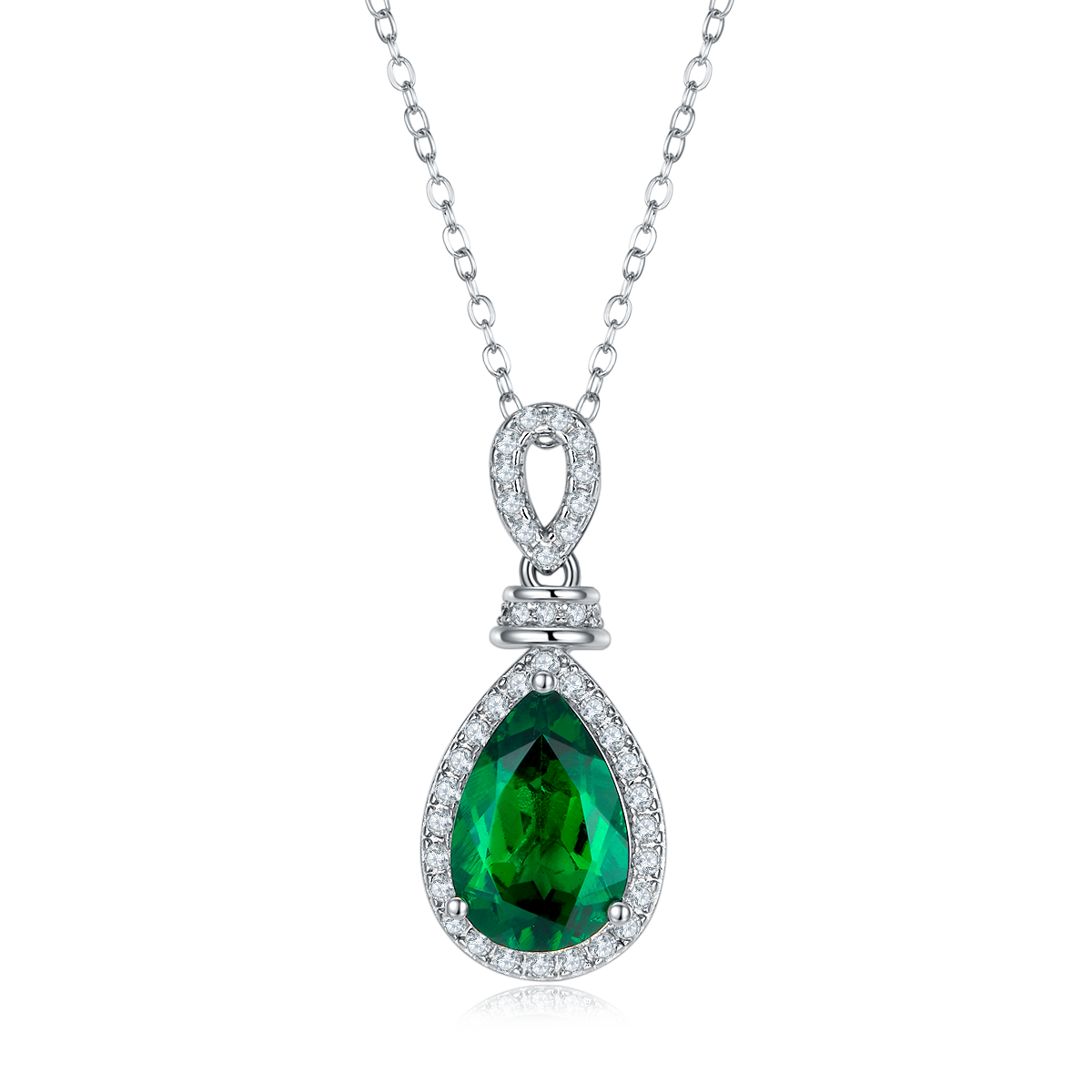 Pear-Cut Lab-Created Emerald Halo Pendant Necklace in 925 Sterling Silver