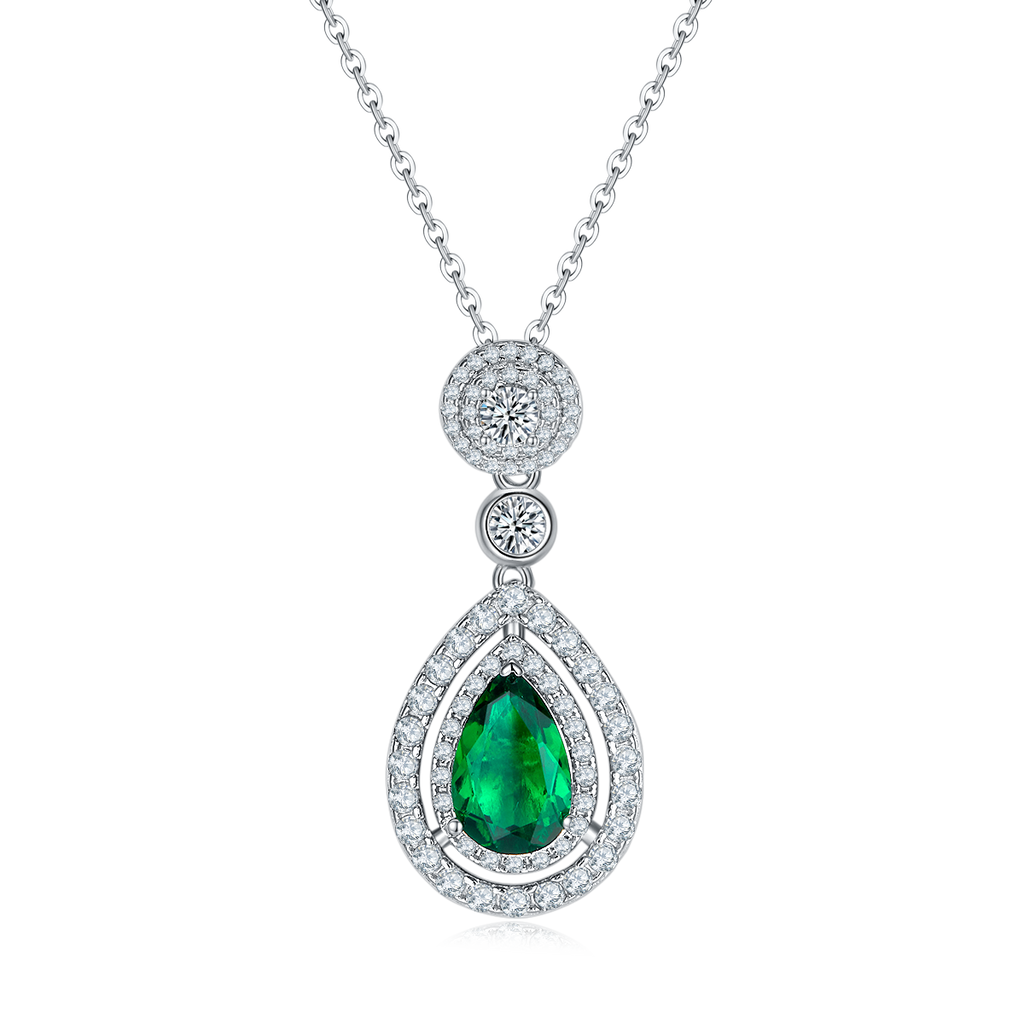 Pear-Cut Lab Emerald Double Halo Drop Necklace in 925 Sterling Silver