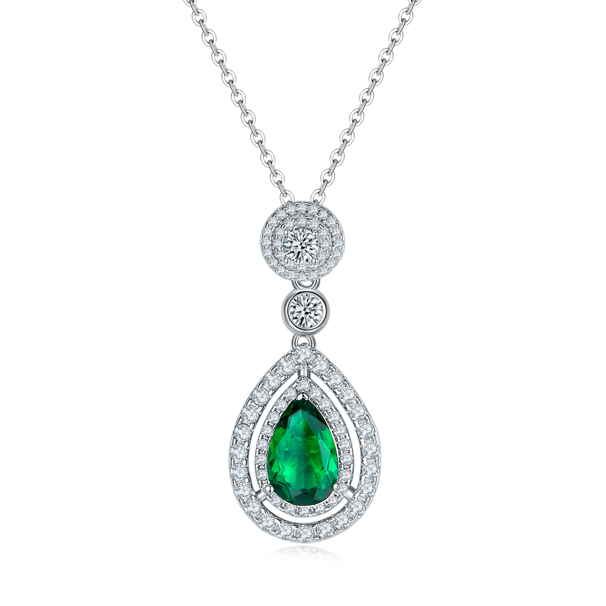 Pear-Cut Lab Emerald Double Halo Drop Necklace in 925 Sterling Silver