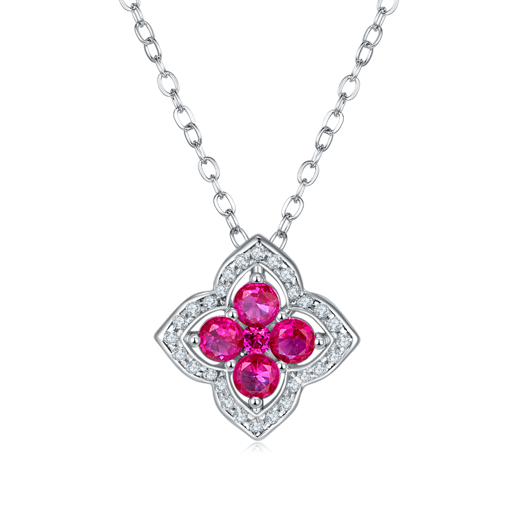 Round-Cut Lab Ruby Four-Leaf Clover Halo Pendant Necklace in 925 Sterling Silver