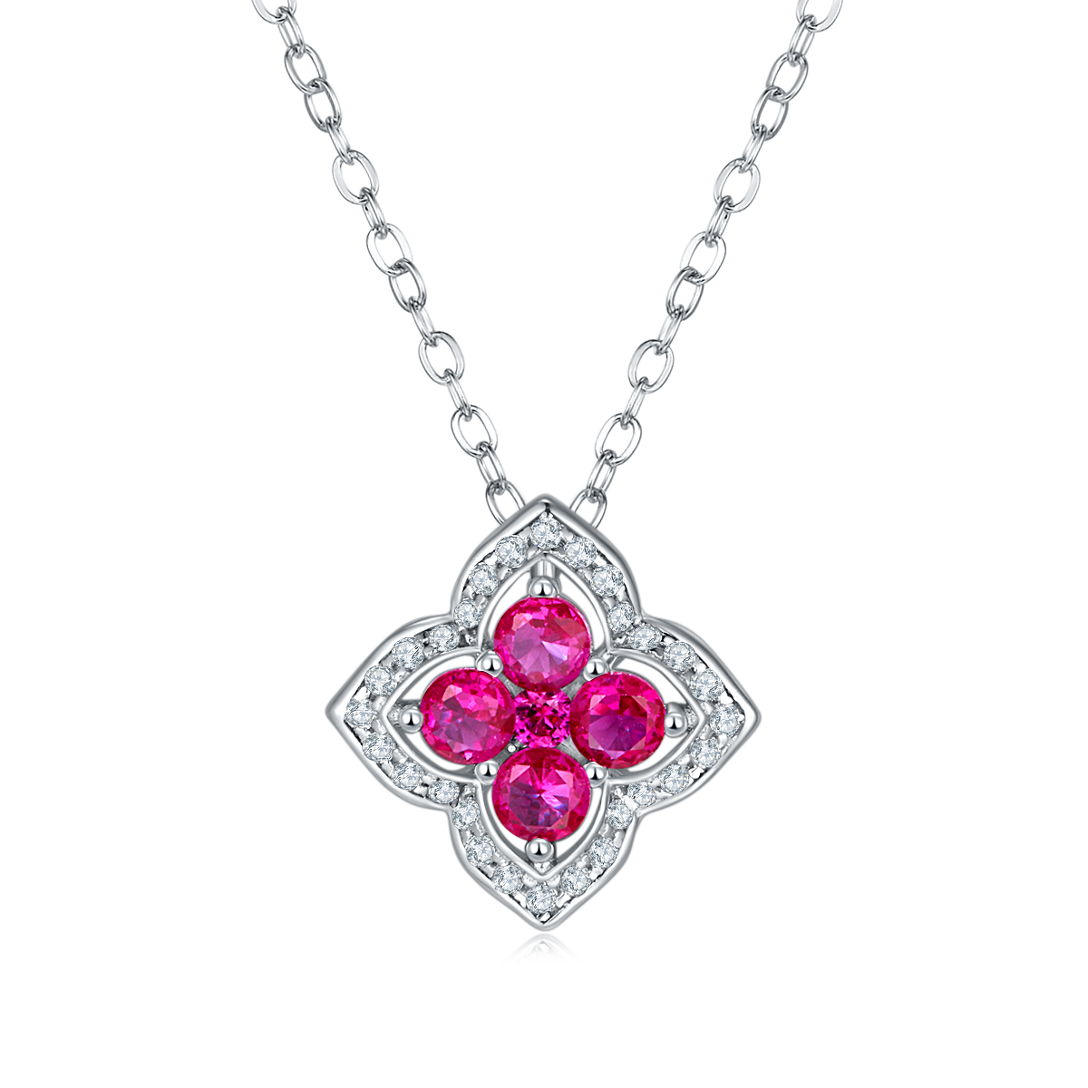 Round-Cut Lab Ruby Four-Leaf Clover Halo Pendant Necklace in 925 Sterling Silver