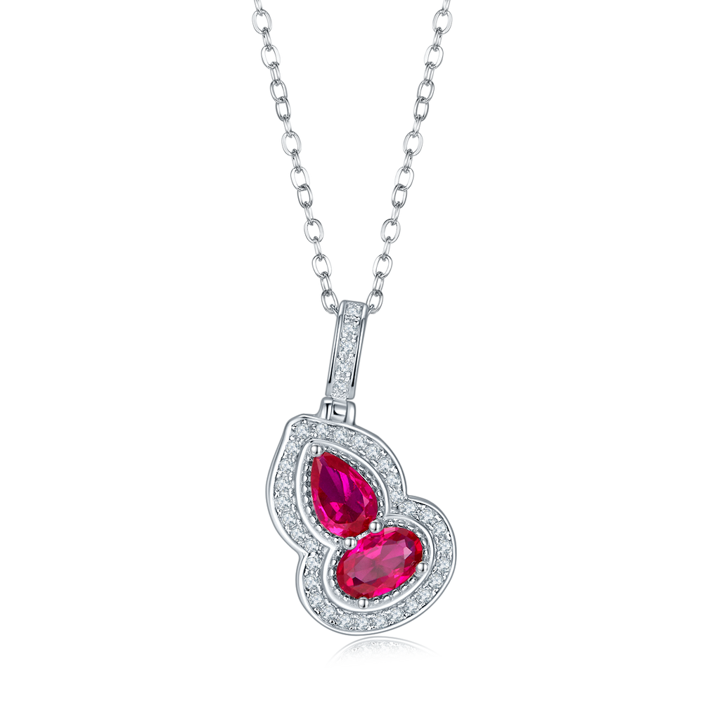 Pear-Cut Lab Ruby Gourd Halo Pendant Necklace in 925 Sterling Silver