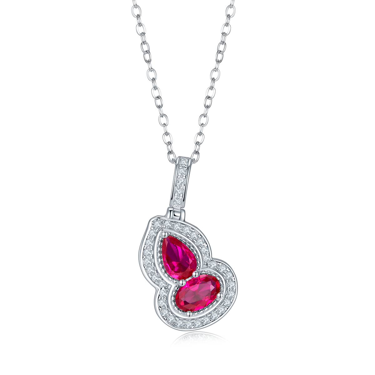 Pear-Cut Lab Ruby Gourd Halo Pendant Necklace in 925 Sterling Silver