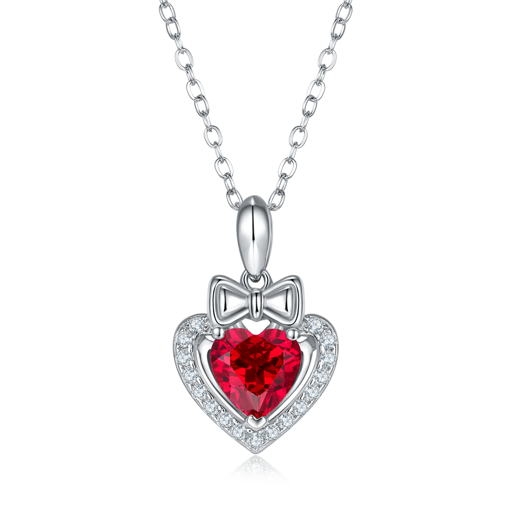 Heart-Cut Lab Ruby Bow Halo Pendant Necklace in 925 Sterling Silver