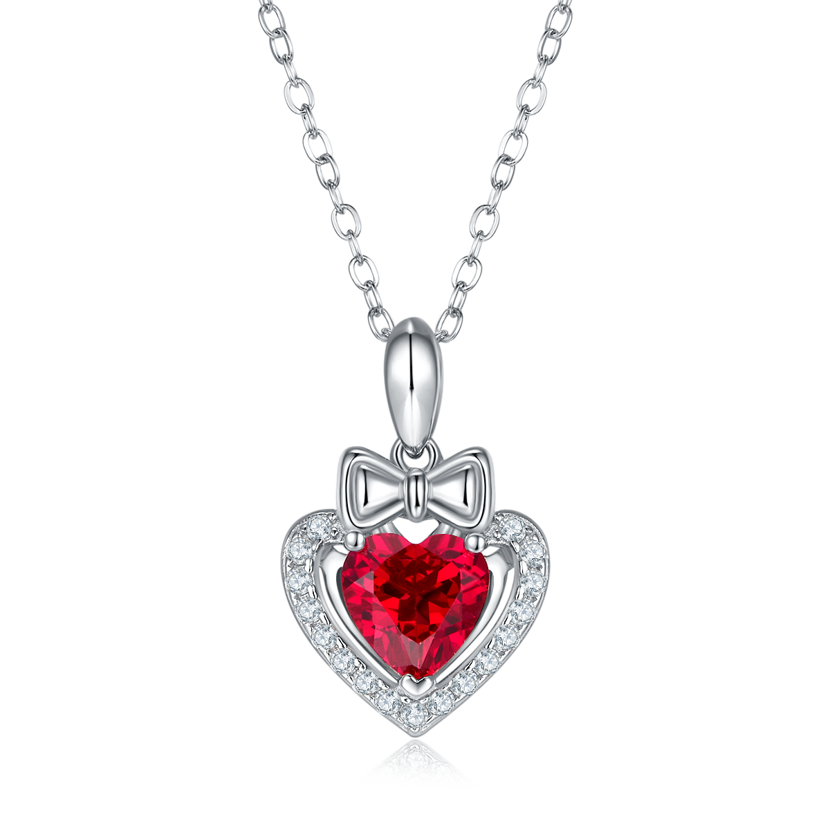 Heart-Cut Lab Ruby Bow Halo Pendant Necklace in 925 Sterling Silver