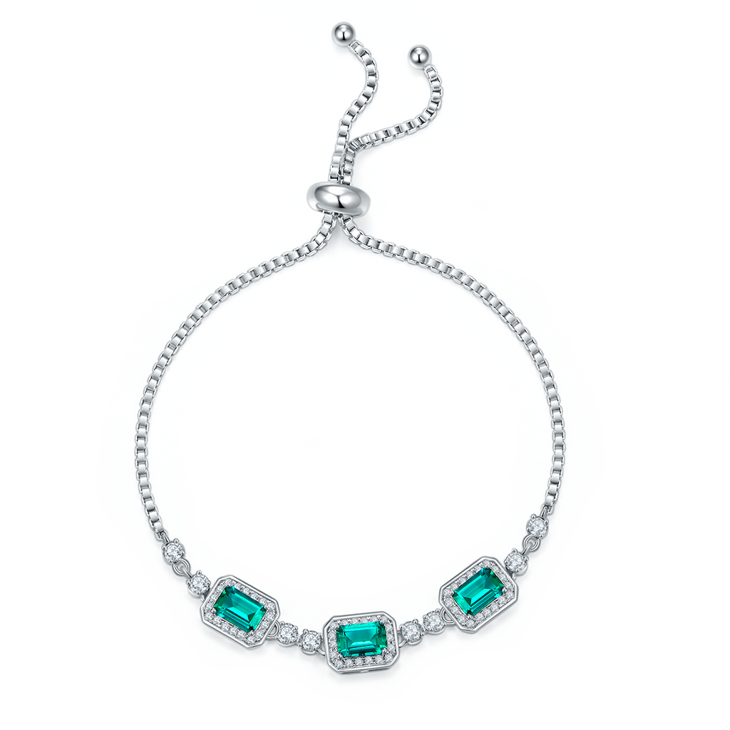 Emerald-Cut Lab Emerald Triple Halo Slider Bracelet in 925 Sterling Silver