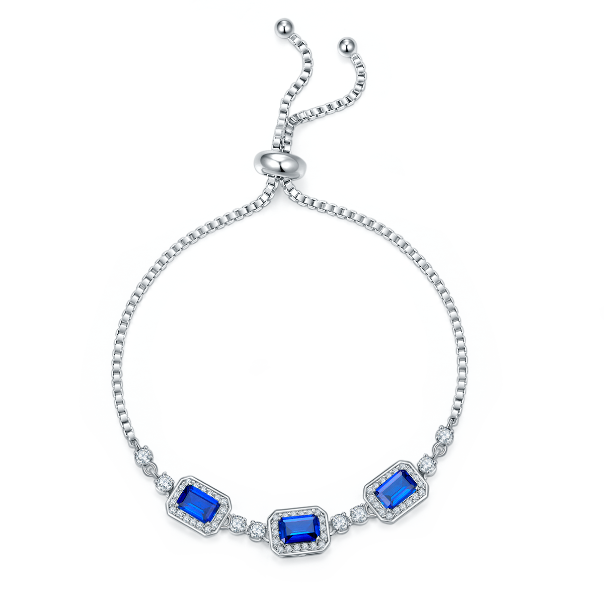 Emerald-Cut Blue Sapphire Three-Stone Halo Bolo Bracelet in 925 Sterling Silver