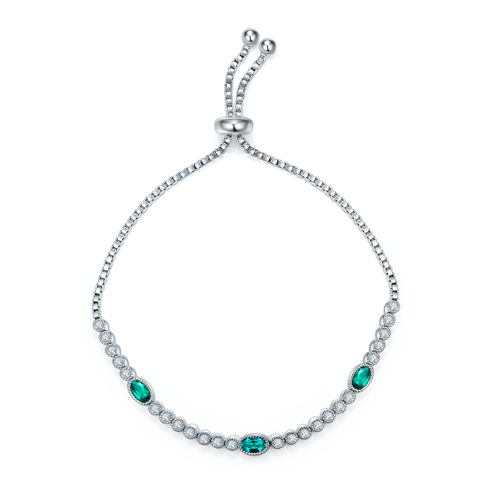 Lab Emerald Oval Bezel Station Slider Bracelet in 925 Sterling Silver