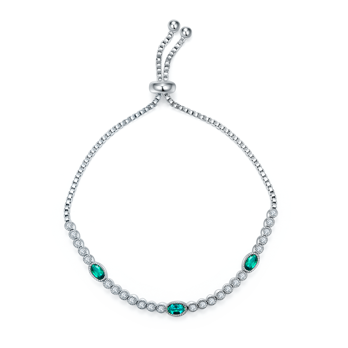 Lab Emerald Oval Bezel Station Slider Bracelet in 925 Sterling Silver