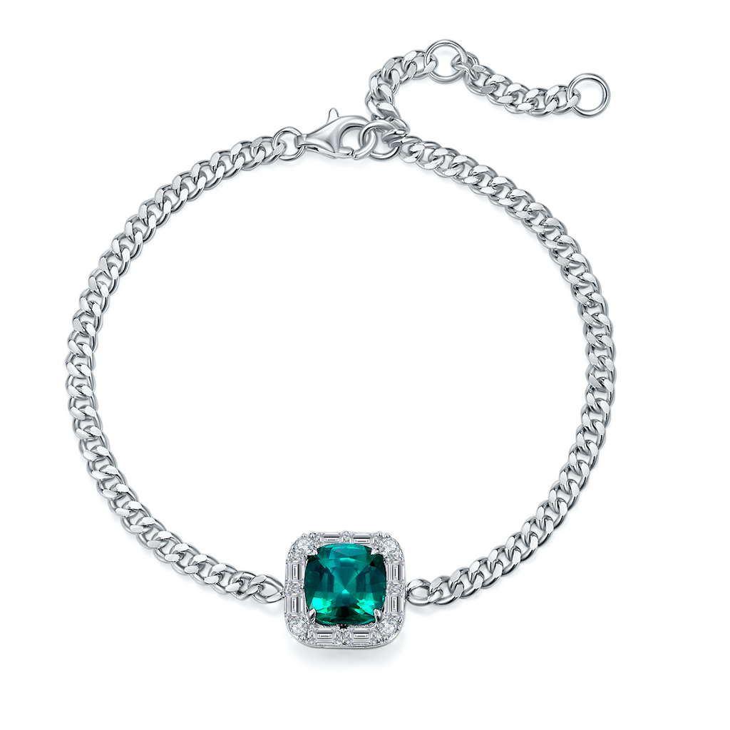 Lab Emerald Cushion-Cut Art Deco Halo Bracelet in 925 Sterling Silver