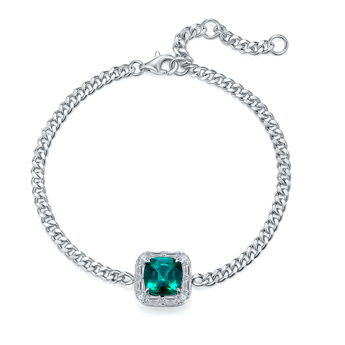Lab Emerald Cushion-Cut Art Deco Halo Bracelet in 925 Sterling Silver
