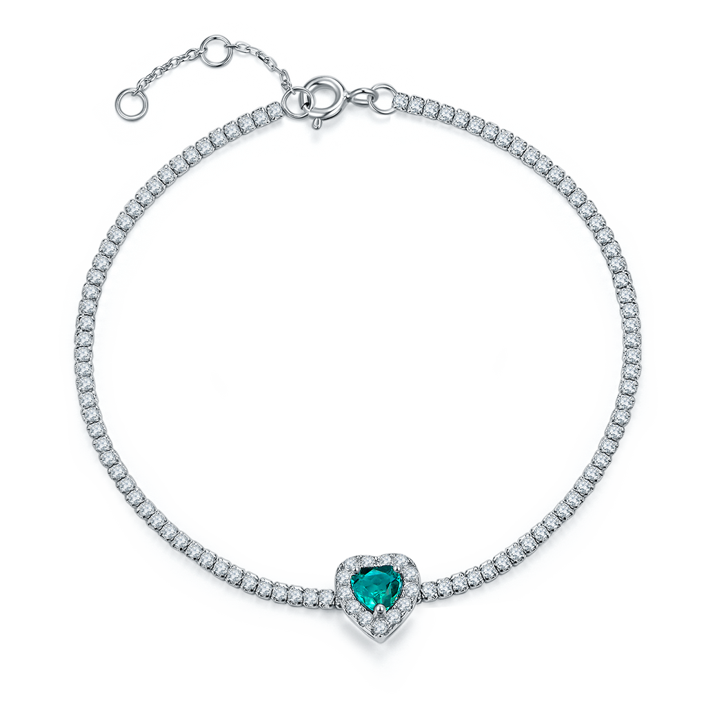 Heart-Cut Lab-Created Gemstone Halo Tennis Bracelet in 925 Sterling Silver