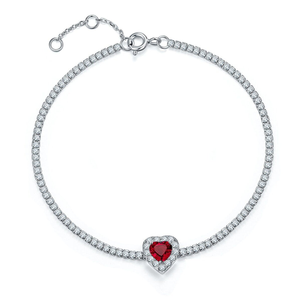 Heart-Cut Lab-Created Gemstone Halo Tennis Bracelet in 925 Sterling Silver