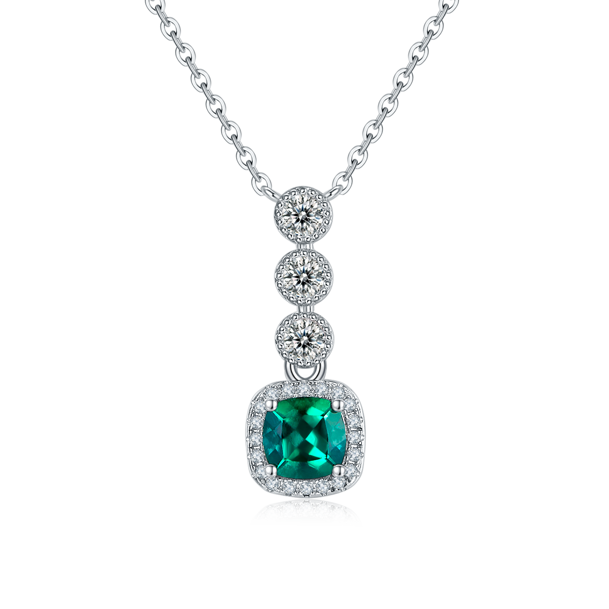 Lab Emerald Cushion-Cut Halo Drop Necklace in 925 Sterling Silver