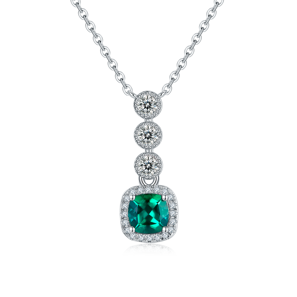 Lab Emerald Cushion-Cut Halo Drop Necklace in 925 Sterling Silver