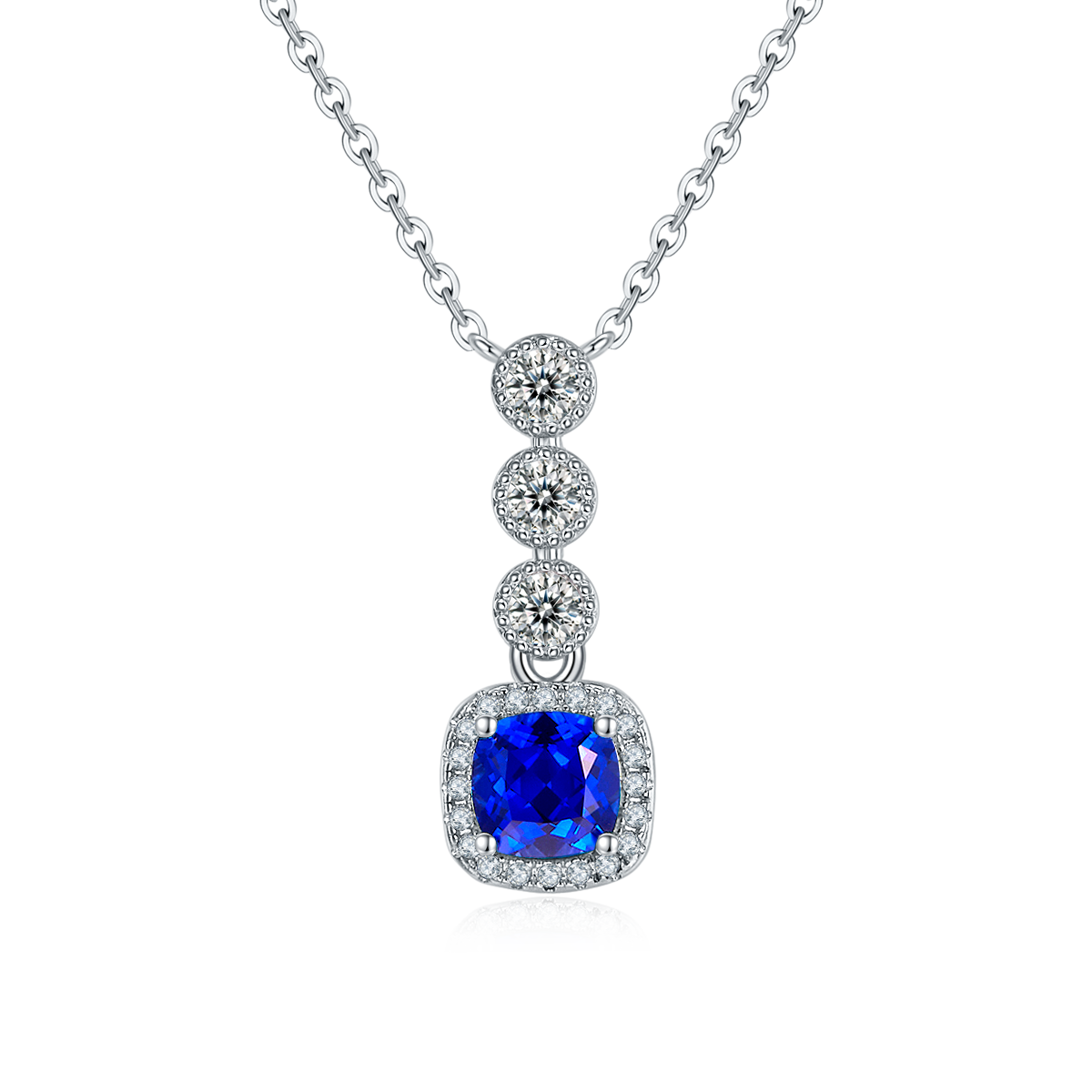 Lab-Created Blue Sapphire Cushion-Cut Halo Drop Necklace in 925 Sterling Silver