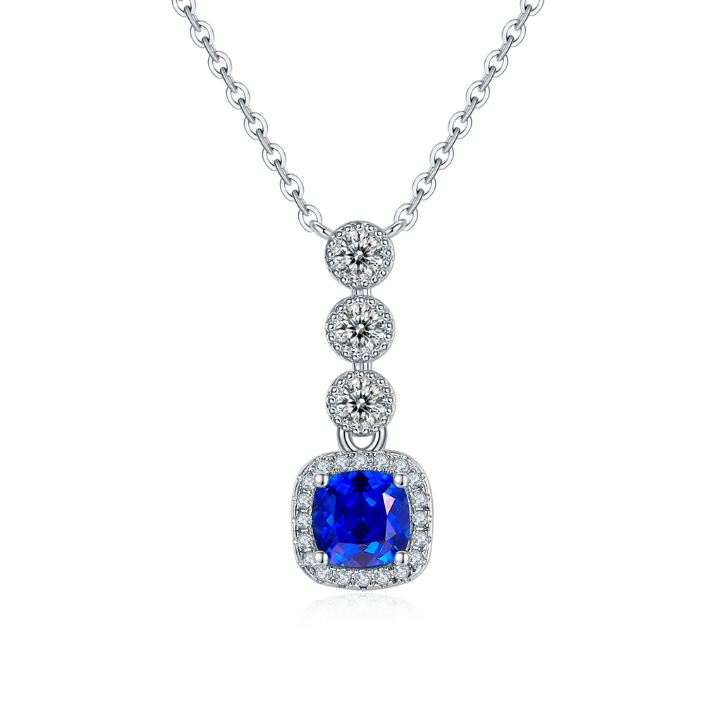 Lab-Created Blue Sapphire Cushion-Cut Halo Drop Necklace in 925 Sterling Silver