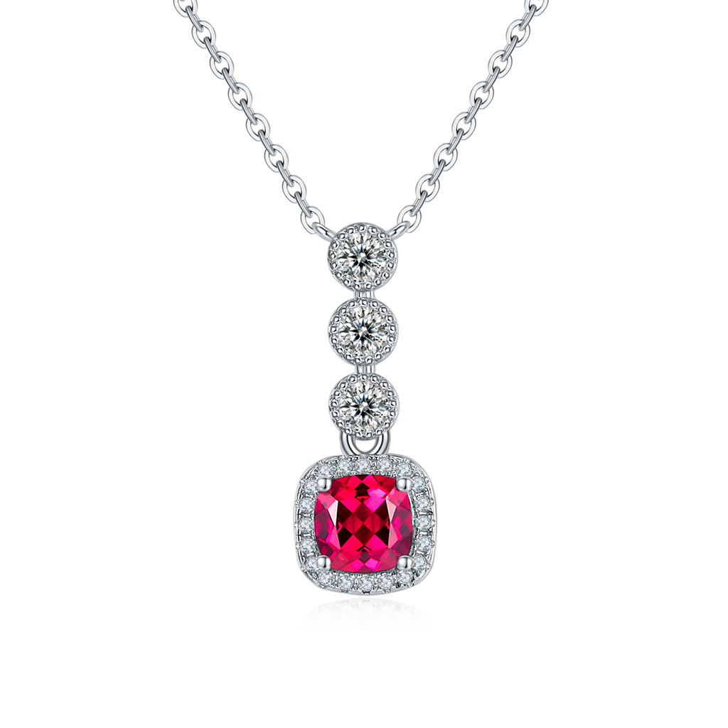Cushion-Cut Ruby Halo Drop Pendant Necklace in 925 Sterling Silver