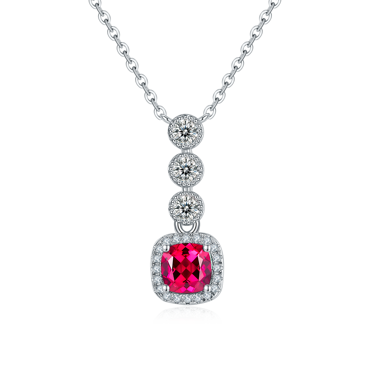 Cushion-Cut Ruby Halo Drop Pendant Necklace in 925 Sterling Silver