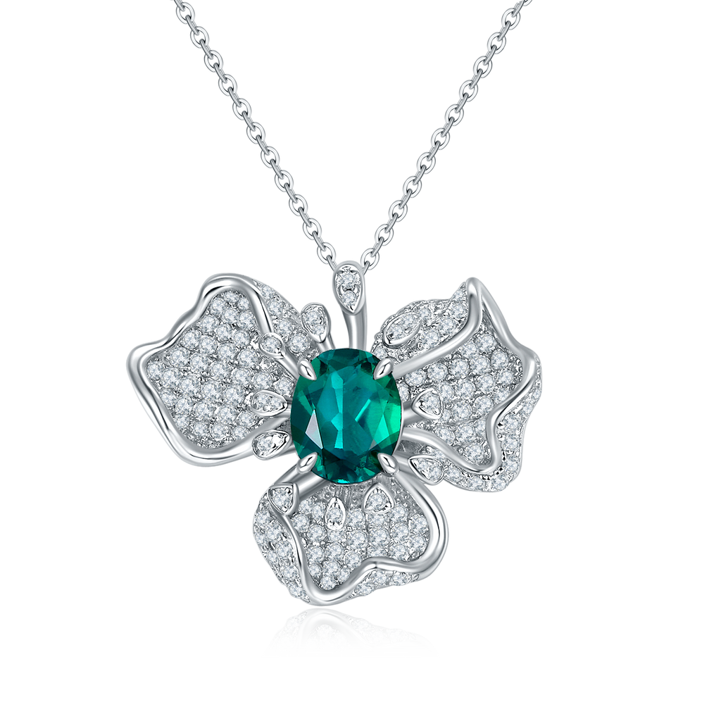 Lab Emerald Floral Cluster Pendant Necklace in 925 Sterling Silver