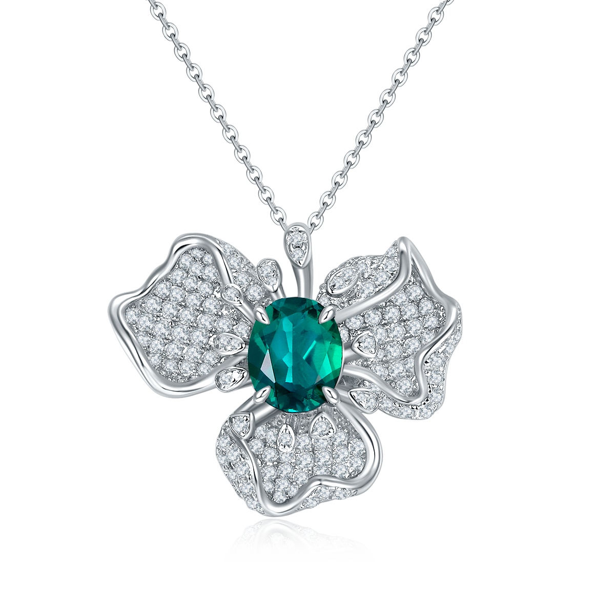 Lab Emerald Floral Cluster Pendant Necklace in 925 Sterling Silver