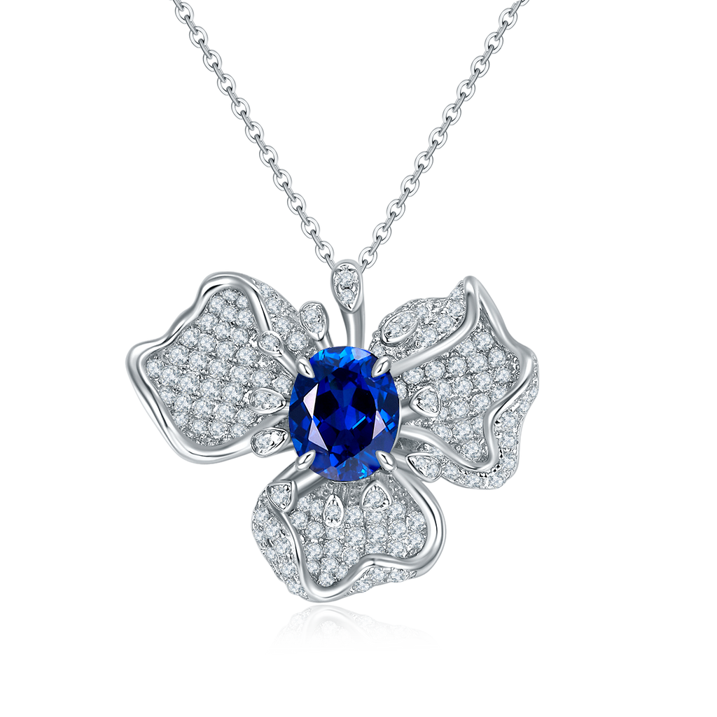 Oval-Cut Blue Sapphire Floral Cluster Pendant Necklace in Sterling Silver