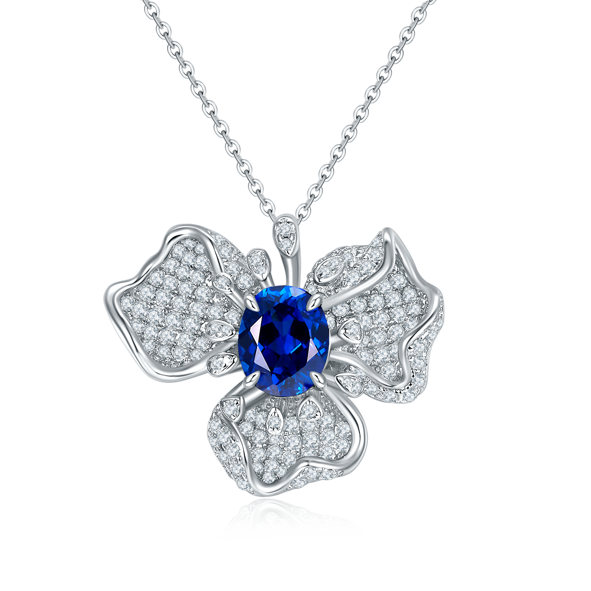 Oval-Cut Blue Sapphire Floral Cluster Pendant Necklace in Sterling Silver