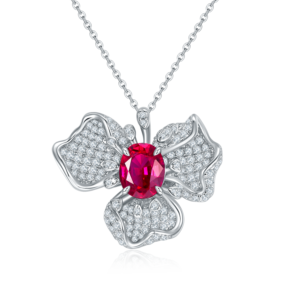 Oval-Cut Ruby Floral Cluster Pendant Necklace in 925 Sterling Silver