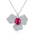 Oval-Cut Ruby Floral Cluster Pendant Necklace in 925 Sterling Silver