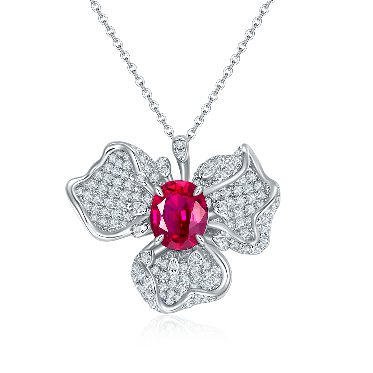 Oval-Cut Ruby Floral Cluster Pendant Necklace in 925 Sterling Silver