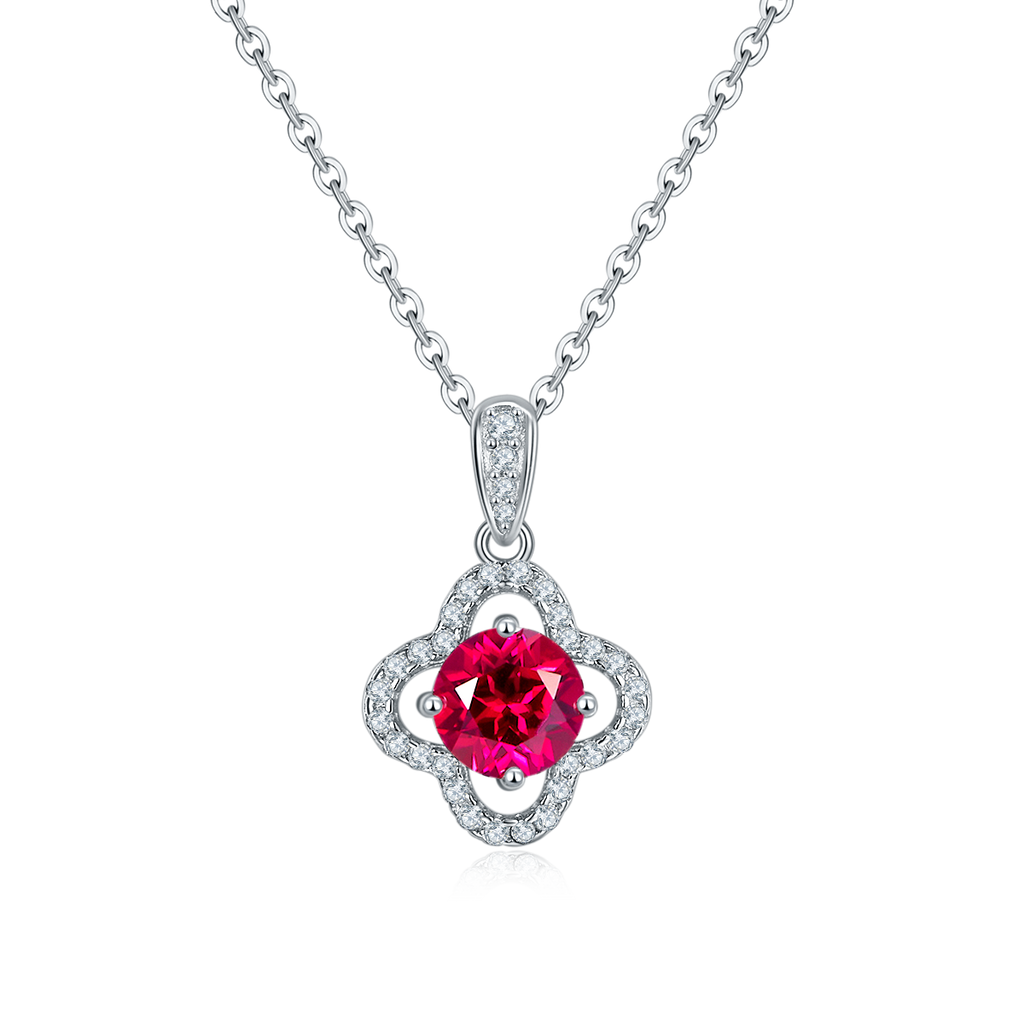Round-Cut Ruby Floral Halo Pendant Necklace in 925 Sterling Silver