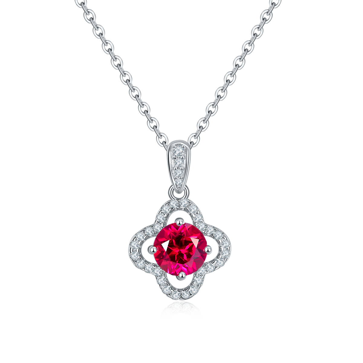 Round-Cut Ruby Floral Halo Pendant Necklace in 925 Sterling Silver