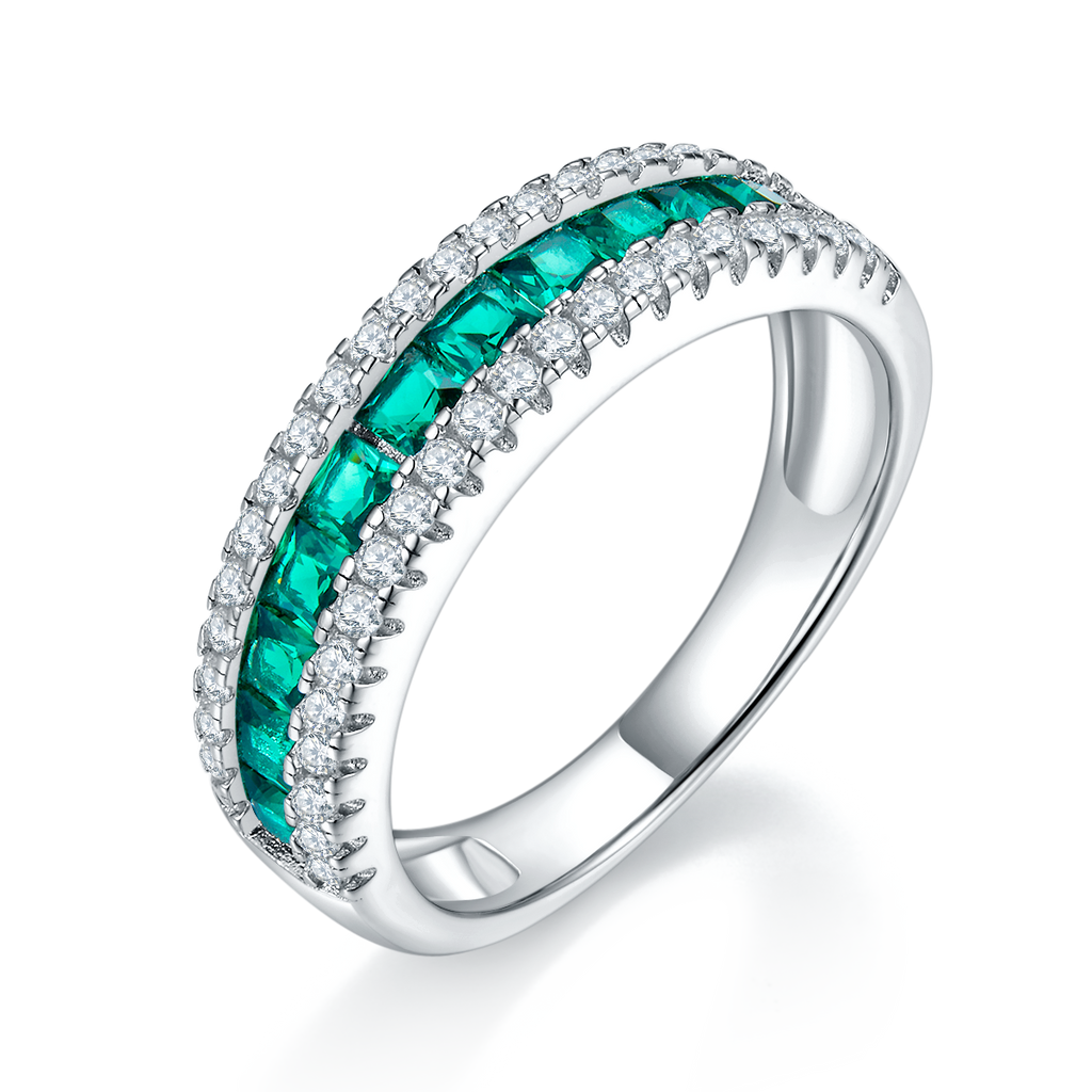 Lab Emerald Baguette-Cut Double Pavé Eternity Ring in 925 Sterling Silver