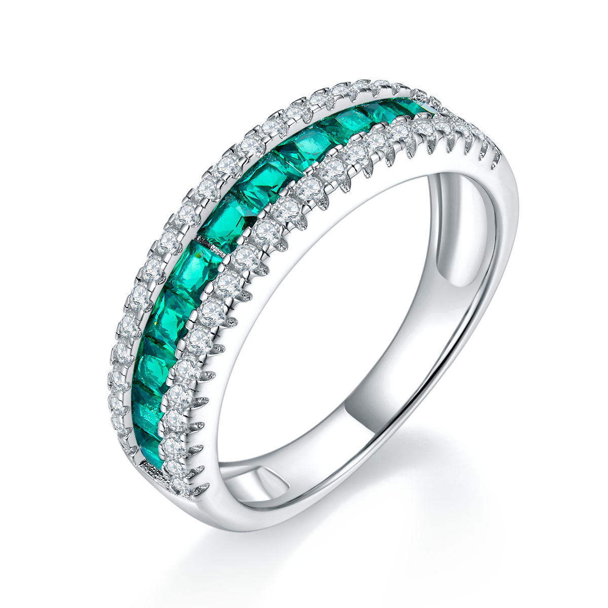 Lab Emerald Baguette-Cut Double Pavé Eternity Ring in 925 Sterling Silver