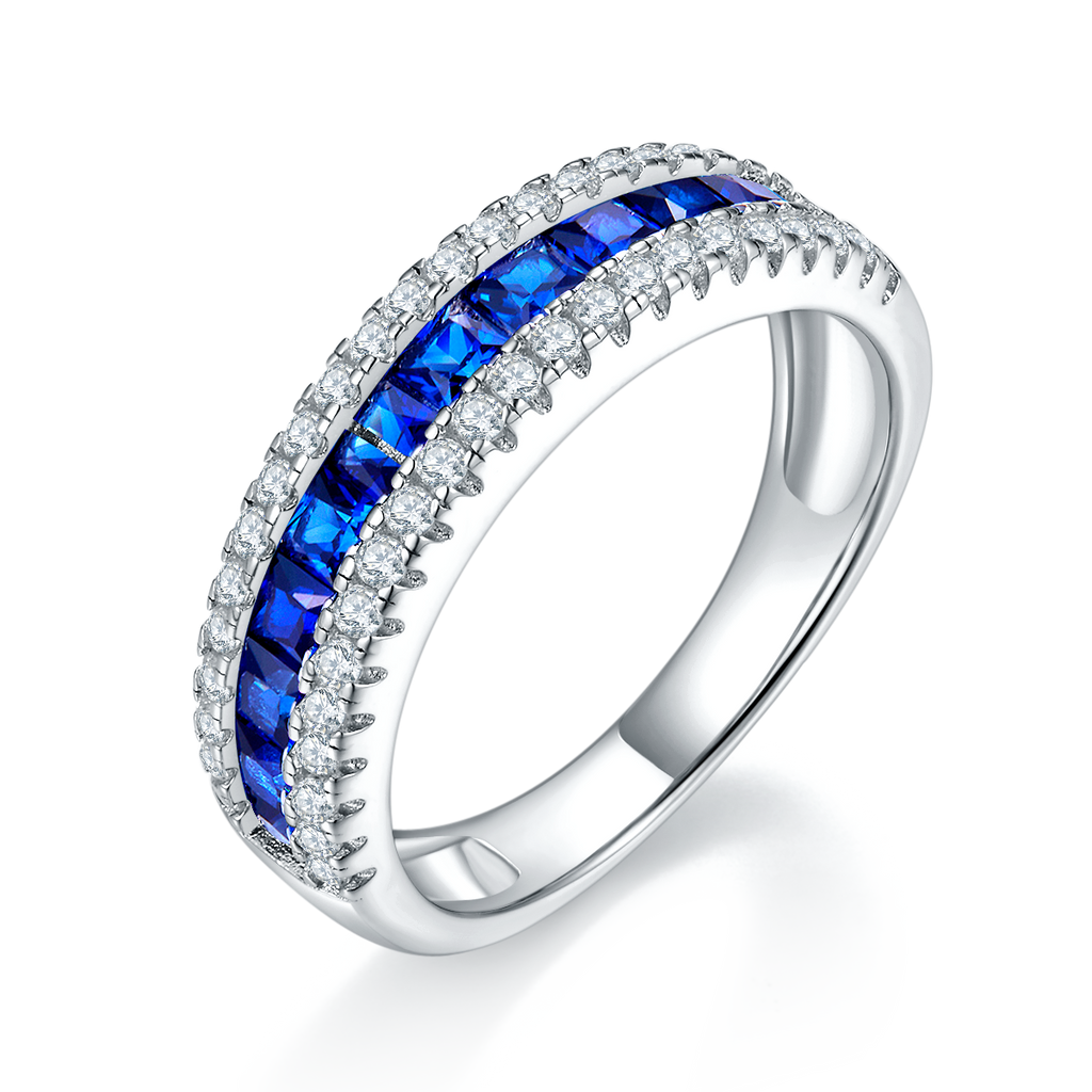 Princess-Cut Blue Sapphire Channel-Set Eternity Ring in 925 Sterling Silver