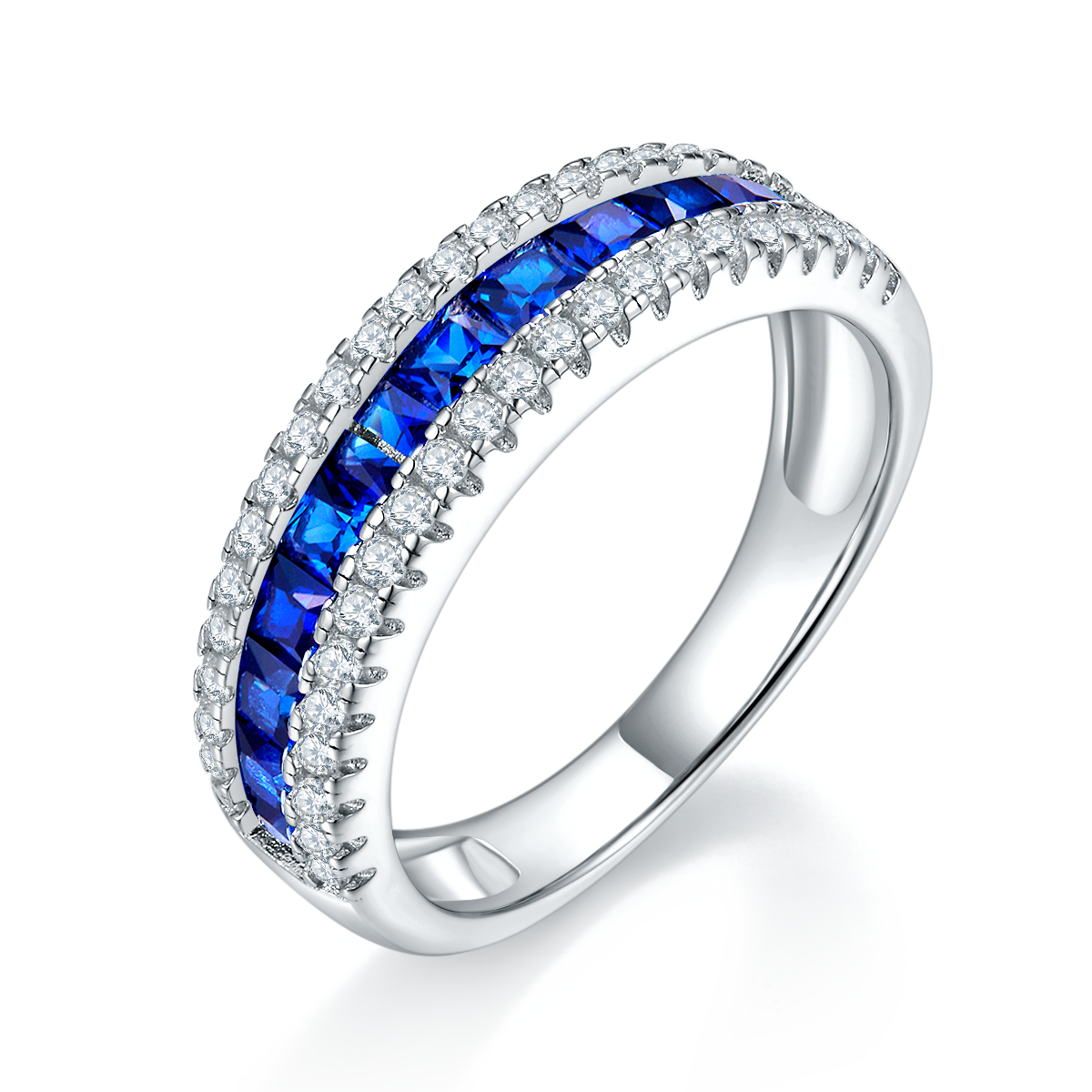 Princess-Cut Blue Sapphire Channel-Set Eternity Ring in 925 Sterling Silver
