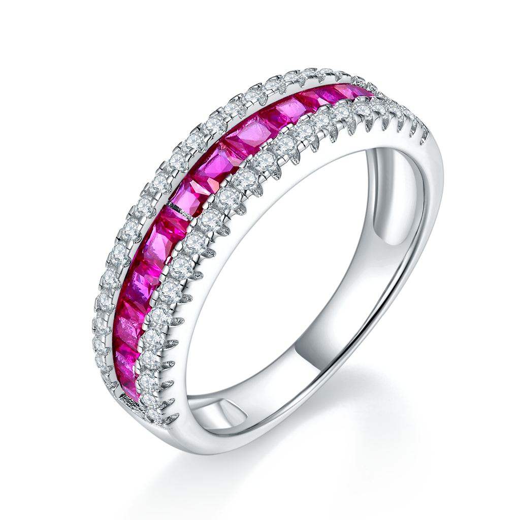 Princess-Cut Lab-Created Ruby Double-Row Pave Band Ring in 925 Sterling Silver