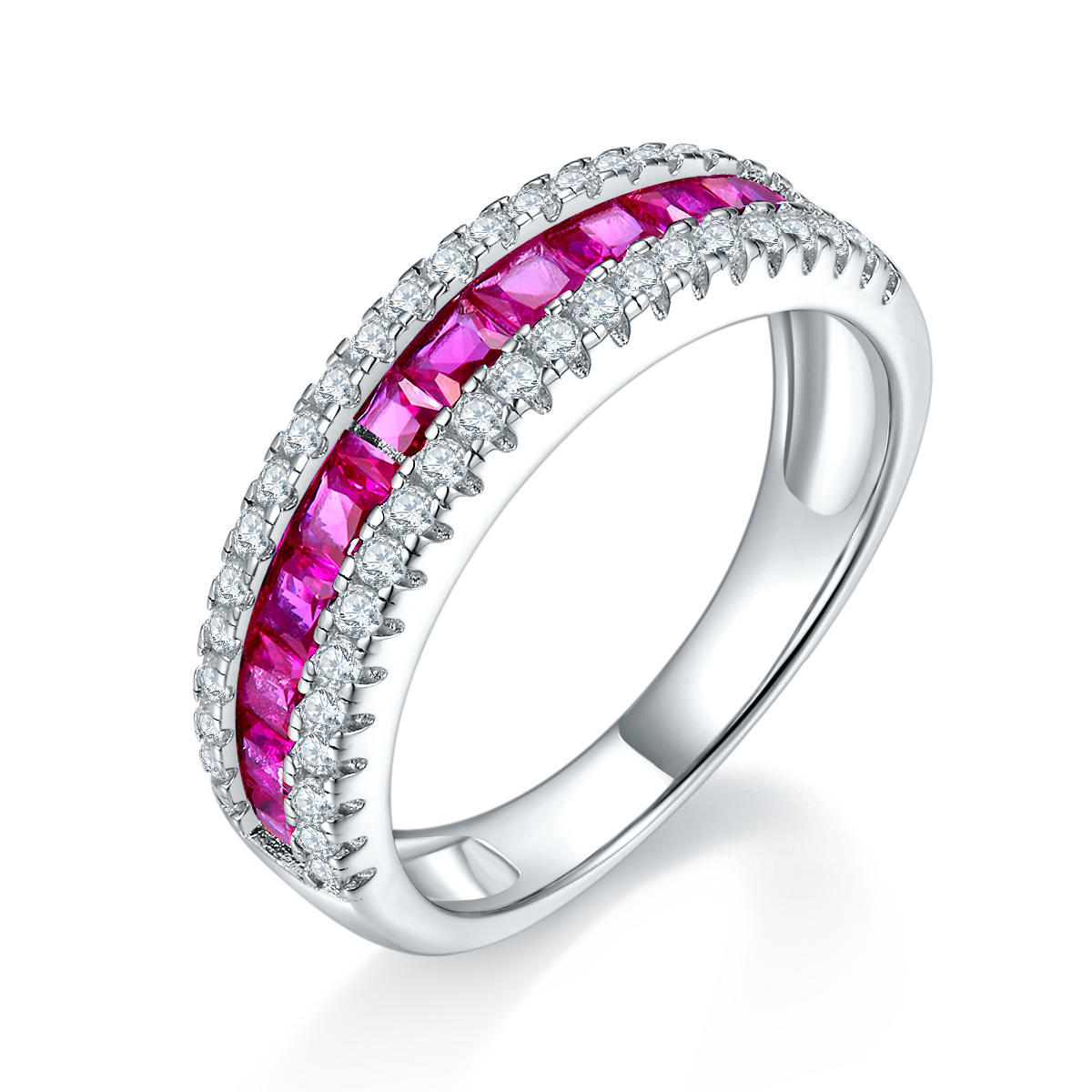 Princess-Cut Lab-Created Ruby Double-Row Pave Band Ring in 925 Sterling Silver