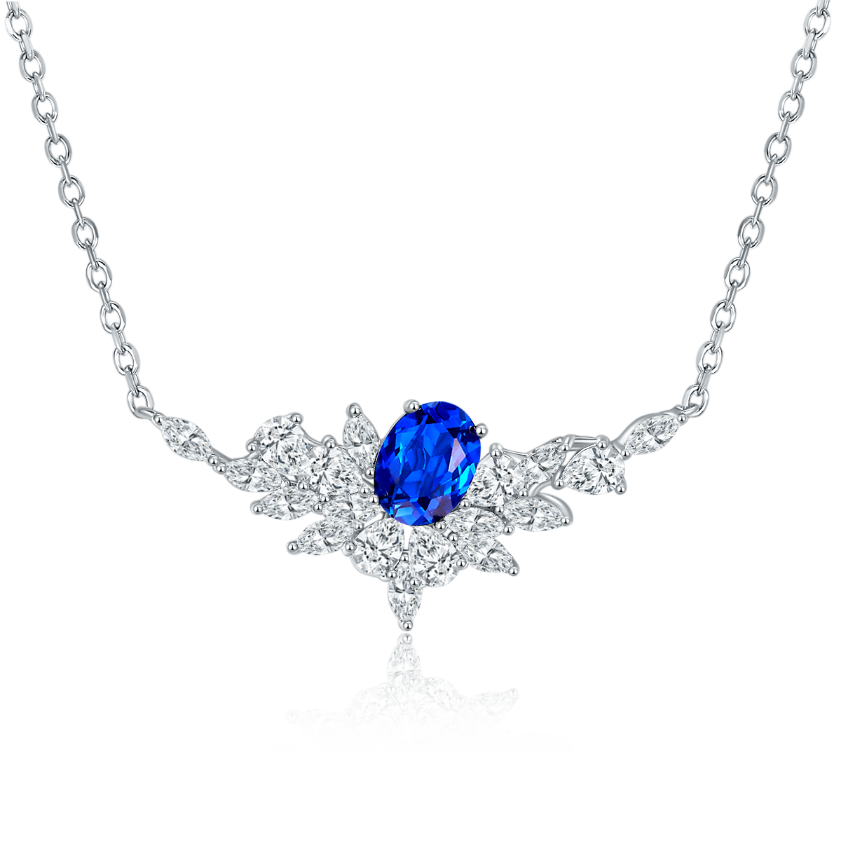 Lab-Created Sapphire Floral Cluster Pendant Necklace in 925 Sterling Silver