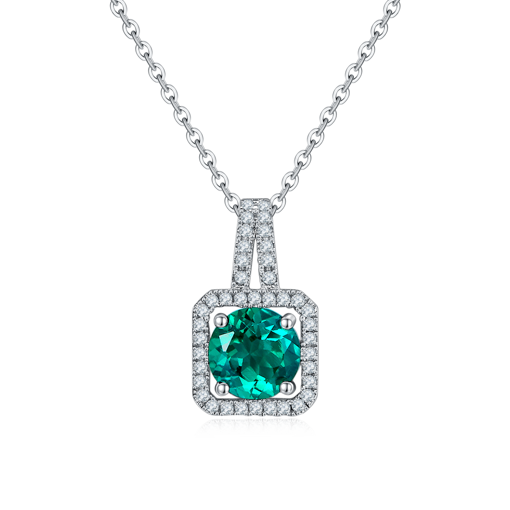 Lab Emerald Cushion Halo Pendant Necklace in 925 Sterling Silver