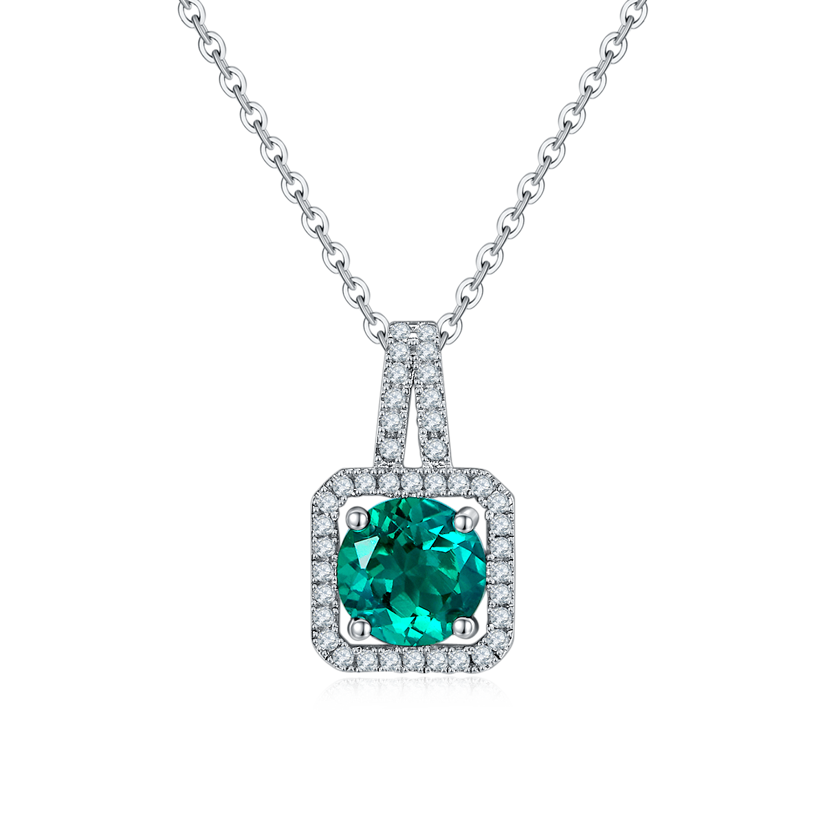 Lab Emerald Cushion Halo Pendant Necklace in 925 Sterling Silver